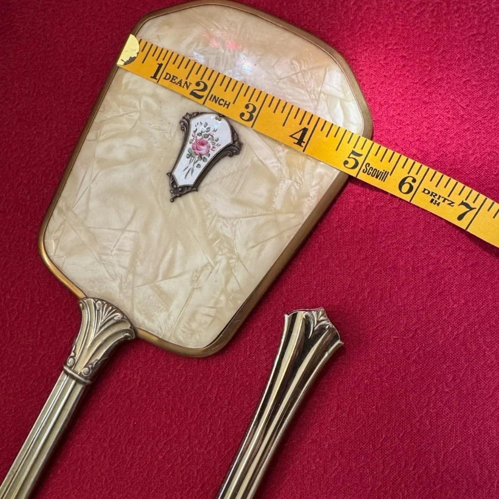 Vintage Hand Mirror & Brush Vanity Set, Art Deco Noveau Pearlescent Floral